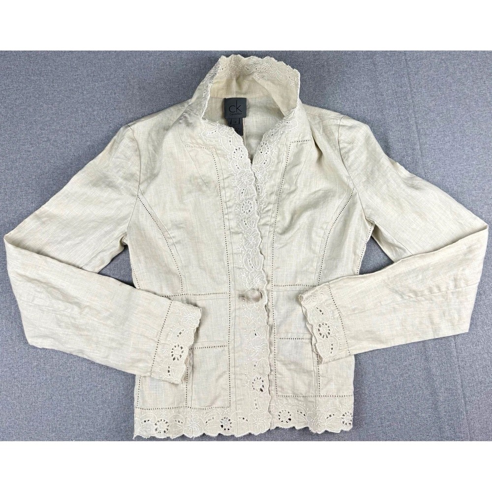 Calvin Klein Women's White Button Front Jacket Collared Embroidered Lace 0